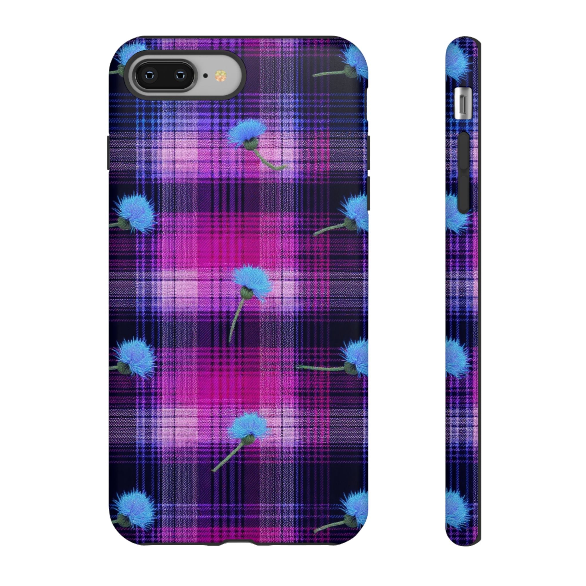Purple Plaid Blue Thistle Tartan Phone Case — Floral Plaid Protective iPhone Cover