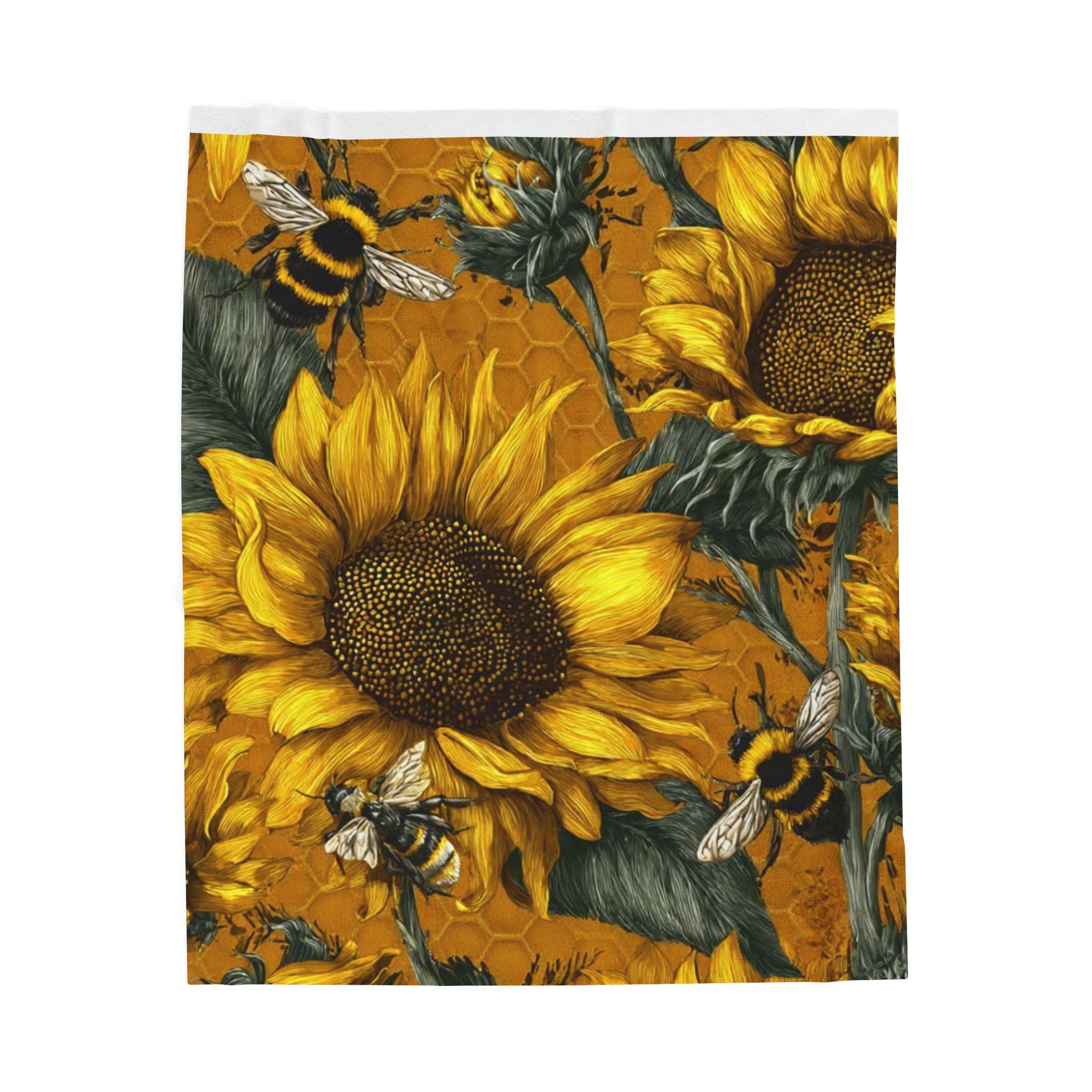 Sunflower & Bumblebee Velveteen Plush Blanket — Cozy Floral Throw for Home, Fall Decor & Gifts