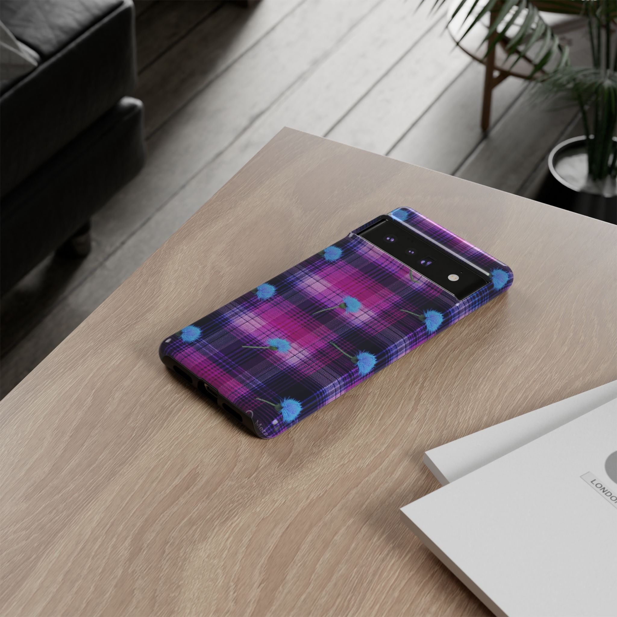 Purple Plaid Blue Thistle Tartan Phone Case — Floral Plaid Protective iPhone Cover