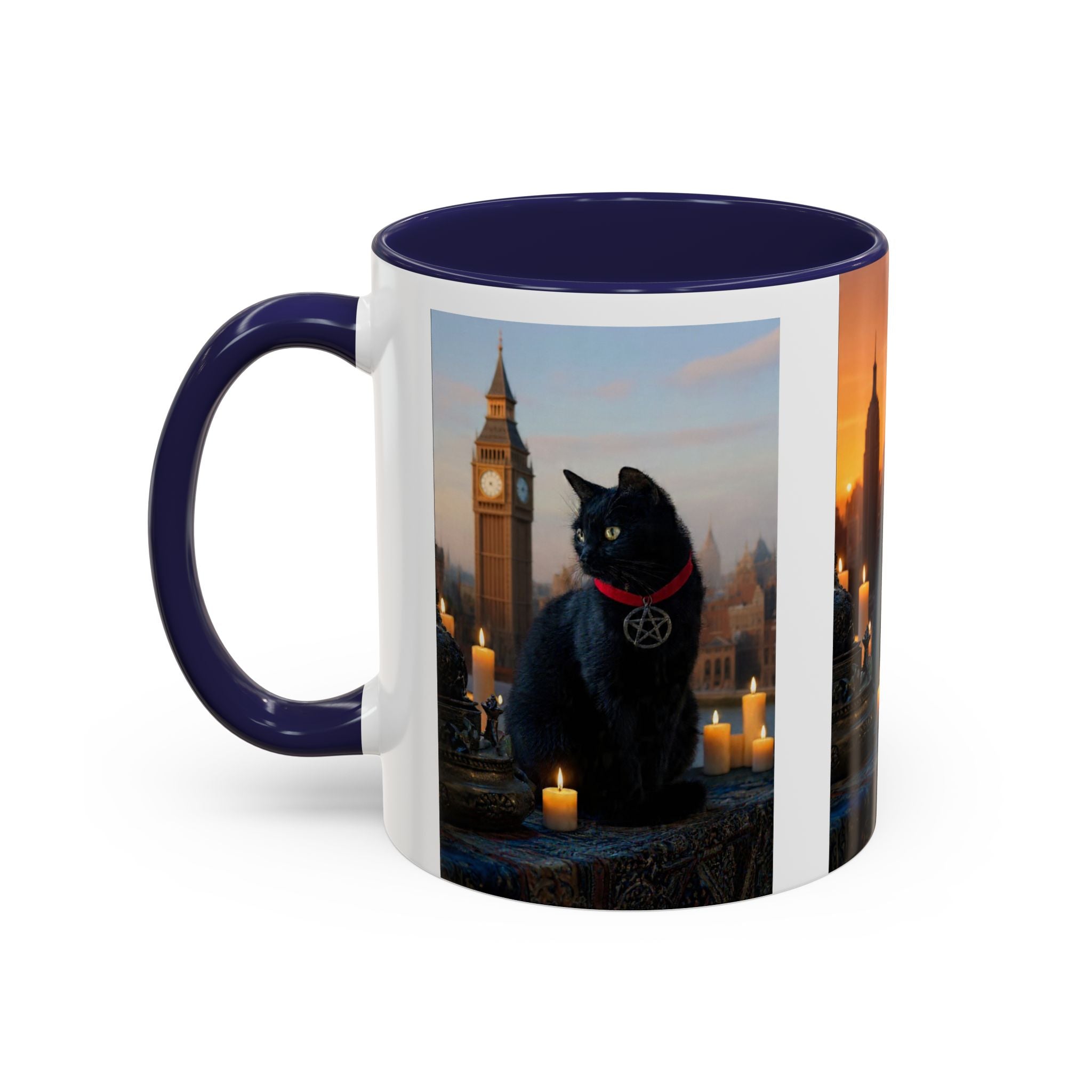 Black Cat Altar Coffee Mug — Gothic Cat with Pentagram, Candlelit Sunset Scene (11/15oz)