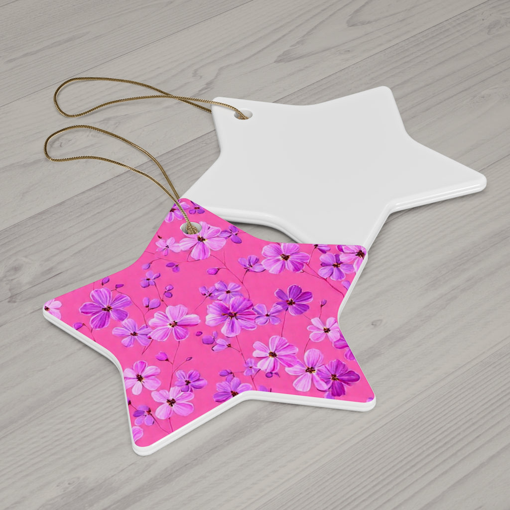 Floral Pink Star Ceramic Ornament — Flower Pattern Holiday Decoration