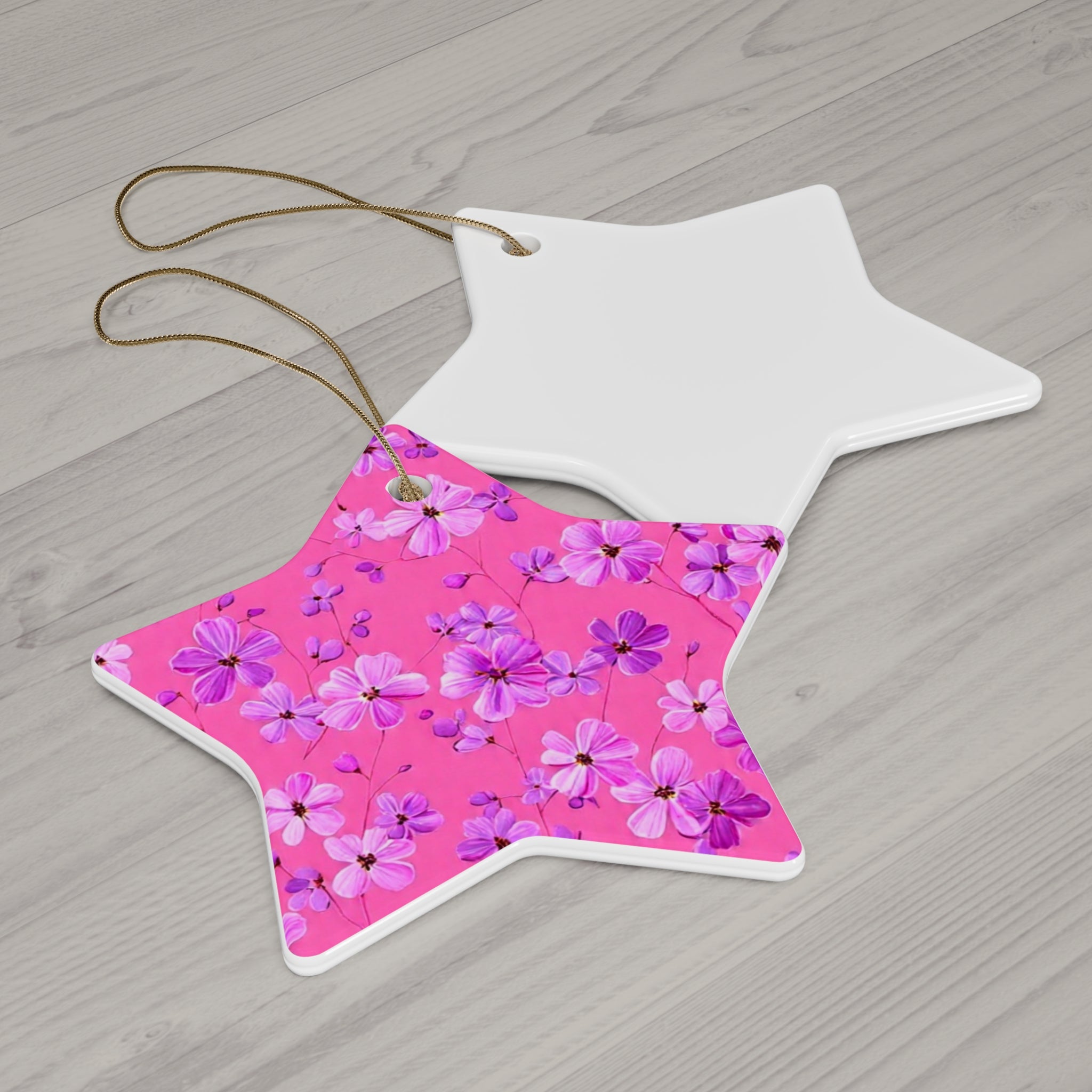 Floral Pink Star Ceramic Ornament — Flower Pattern Holiday Decoration