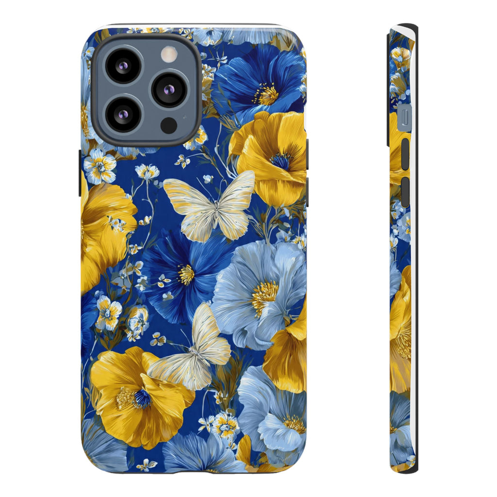 Floral Butterflies Phone Case — Blue & Yellow Tough Protective Cover