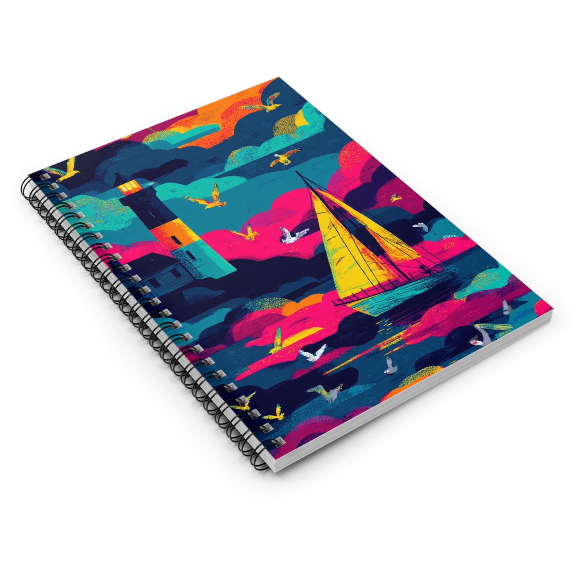 Sailboat & Lighthouse Spiral Notebook — Colorful Seaside Ruled Journal