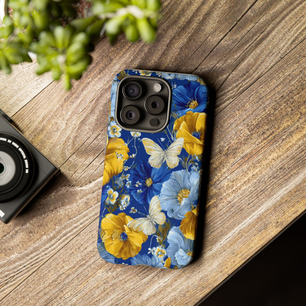 Floral Butterflies Phone Case — Blue & Yellow Tough Protective Cover