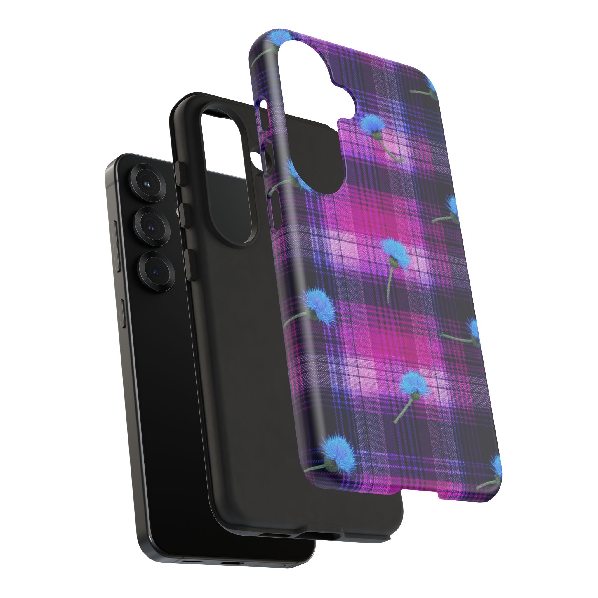 Purple Plaid Blue Thistle Tartan Phone Case — Floral Plaid Protective iPhone Cover
