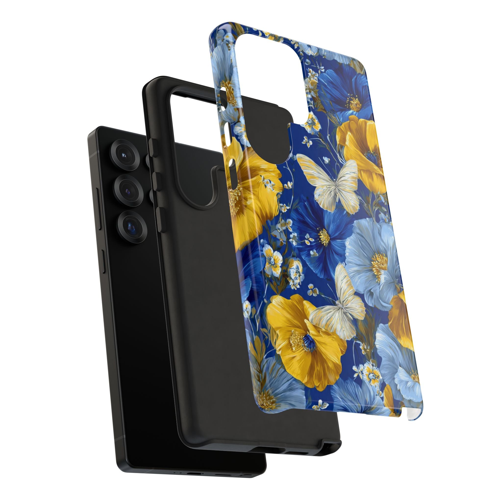 Floral Butterflies Phone Case — Blue & Yellow Tough Protective Cover