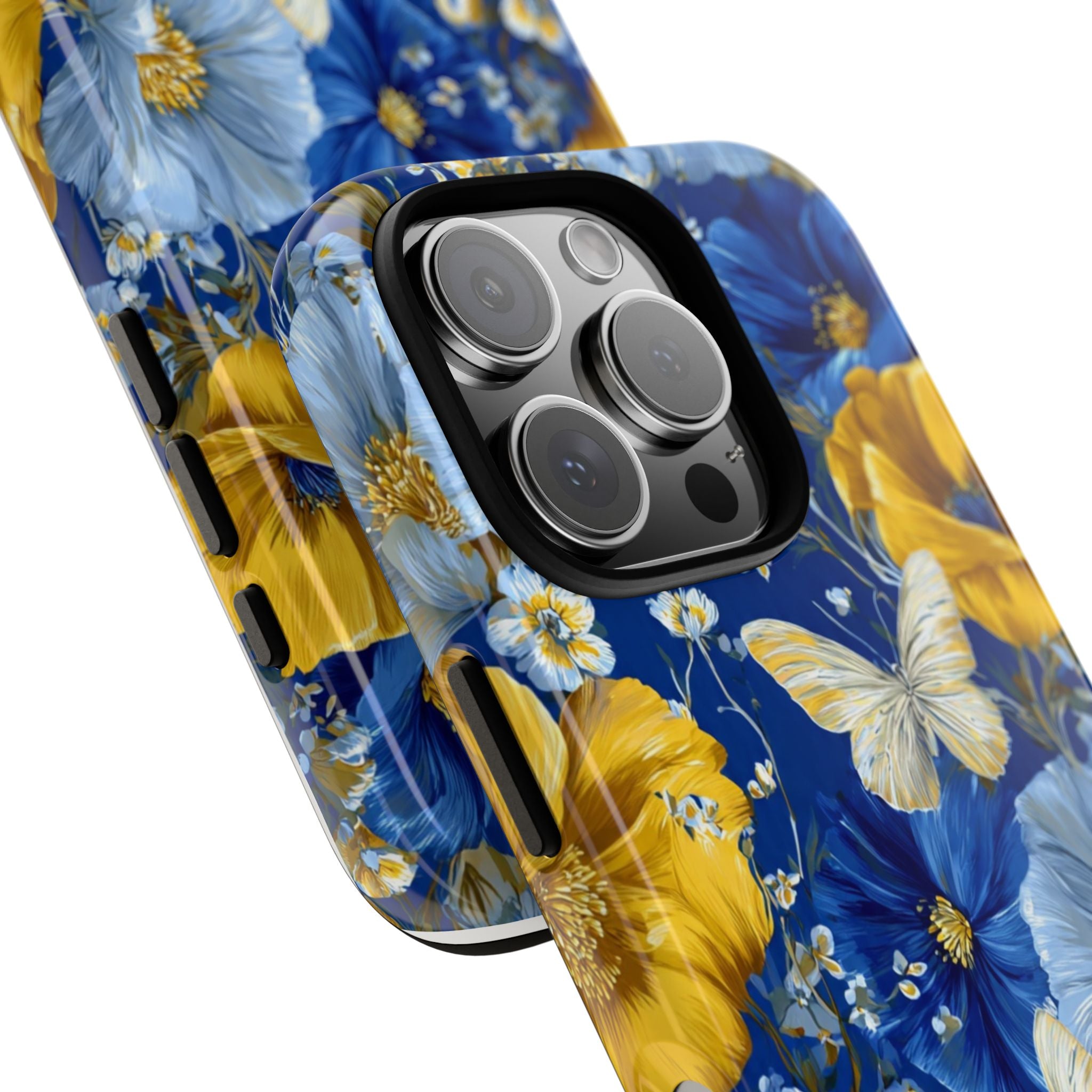 Floral Butterflies Phone Case — Blue & Yellow Tough Protective Cover