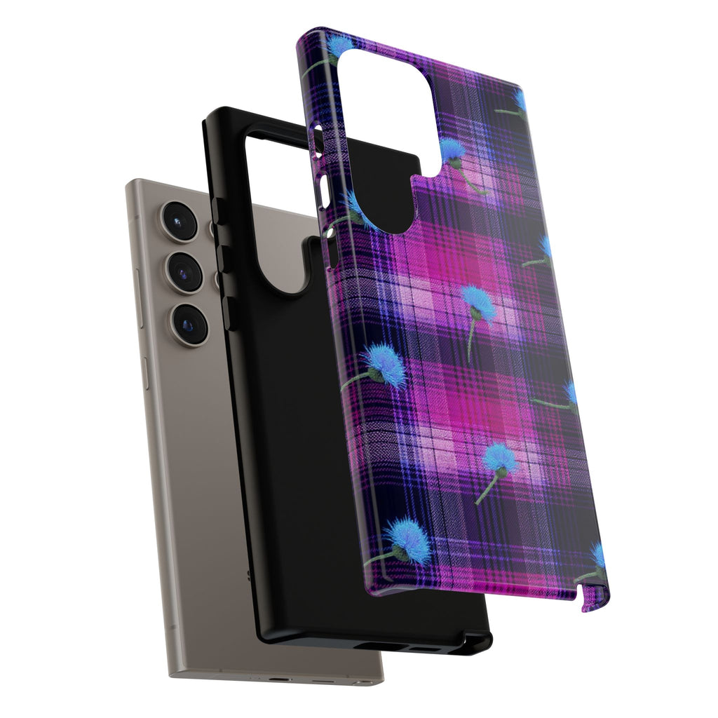 Purple Plaid Blue Thistle Tartan Phone Case — Floral Plaid Protective iPhone Cover