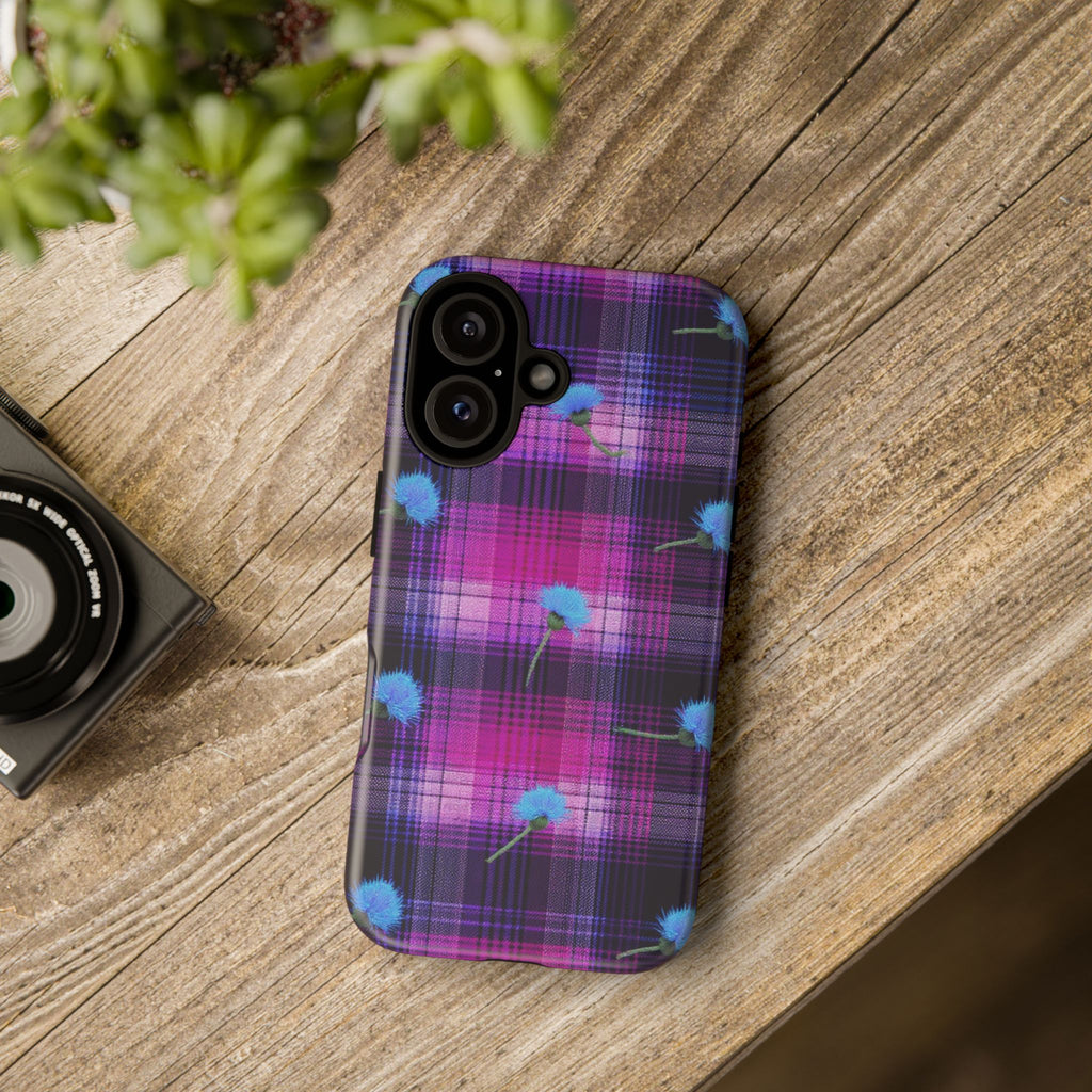 Purple Plaid Blue Thistle Tartan Phone Case — Floral Plaid Protective iPhone Cover