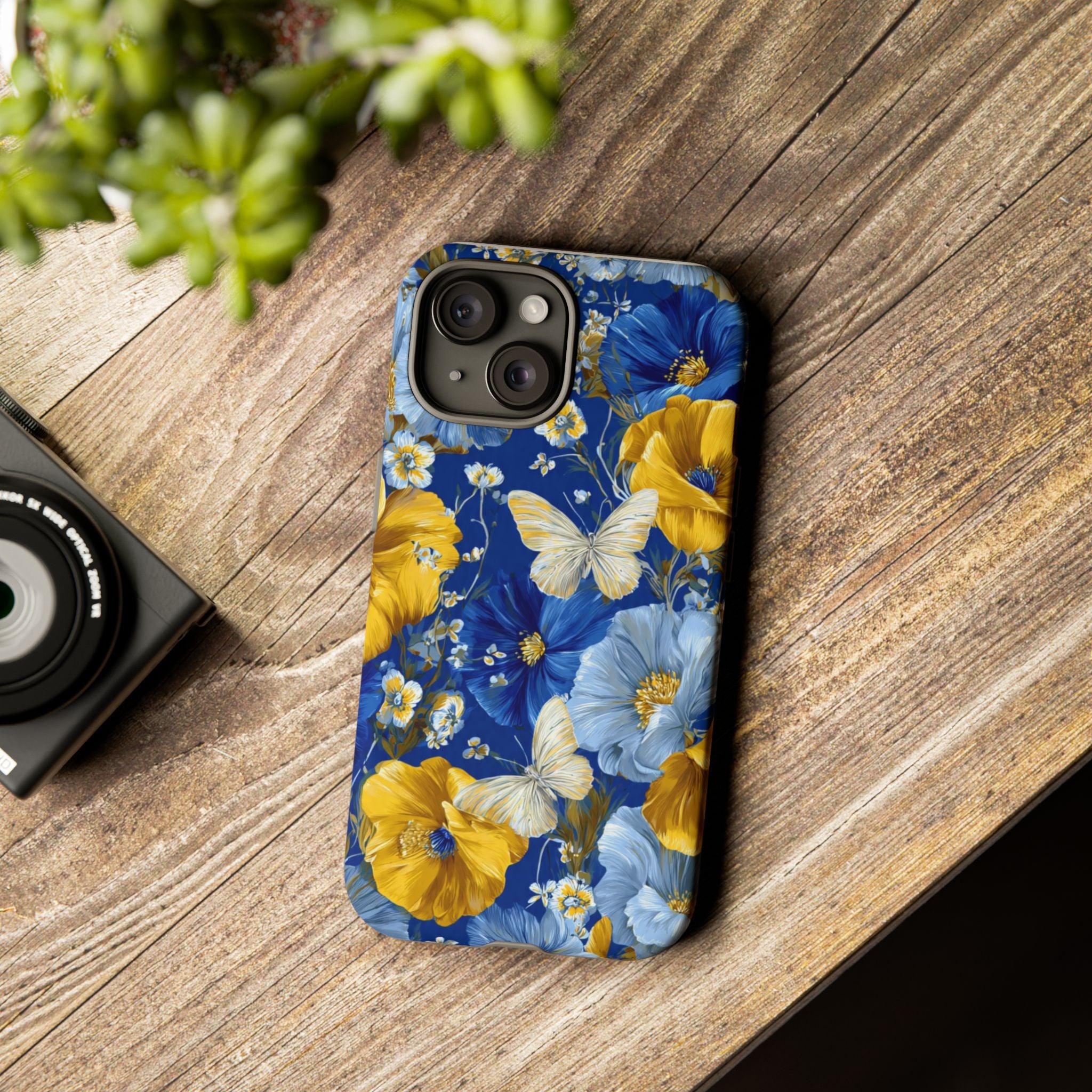 Floral Butterflies Phone Case — Blue & Yellow Tough Protective Cover