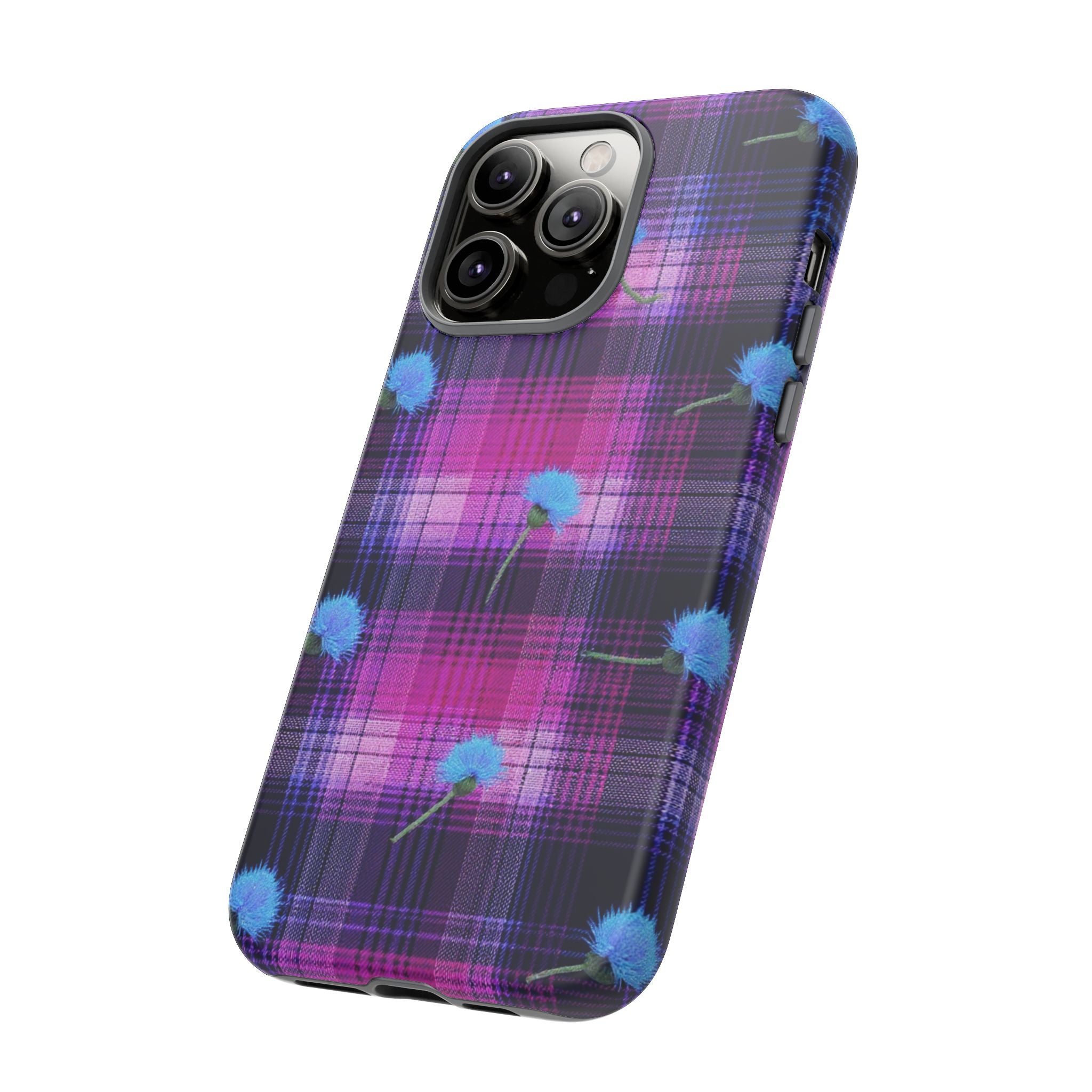 Purple Plaid Blue Thistle Tartan Phone Case — Floral Plaid Protective iPhone Cover