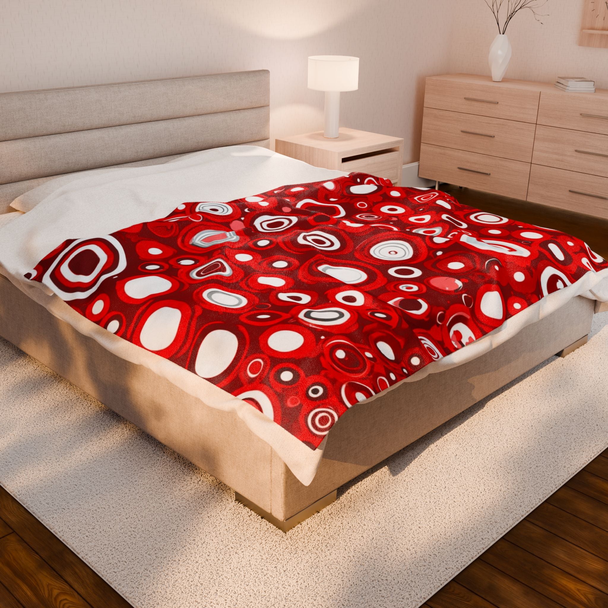 Red Retro Circles Velveteen Plush Blanket — Cozy Mid-Century Modern Throw