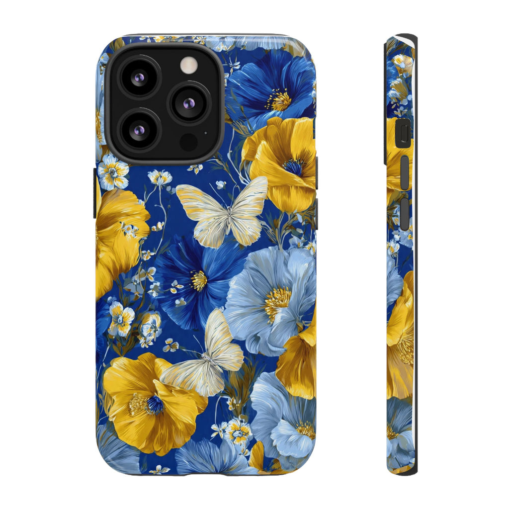 Floral Butterflies Phone Case — Blue & Yellow Tough Protective Cover