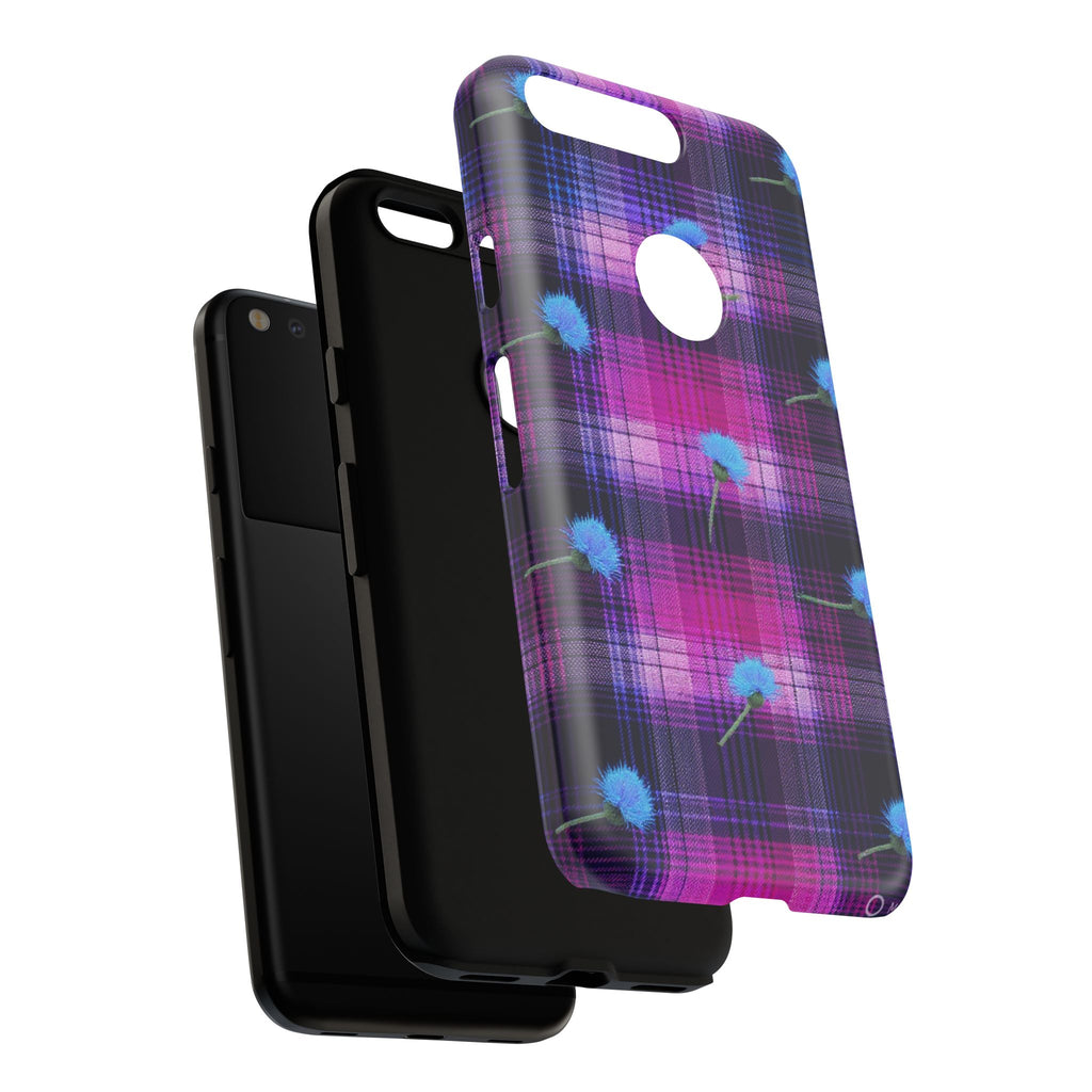 Purple Plaid Blue Thistle Tartan Phone Case — Floral Plaid Protective iPhone Cover