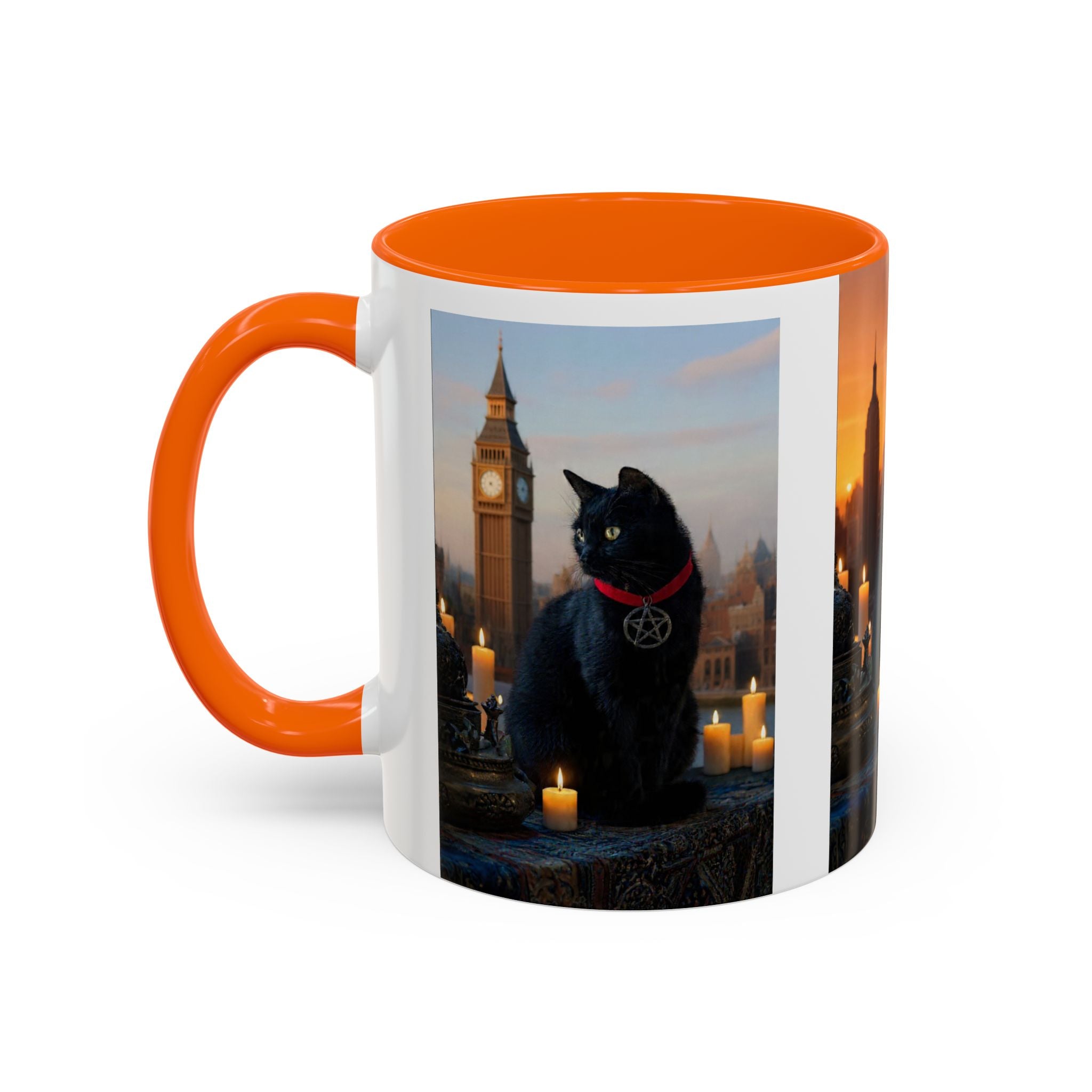 Black Cat Altar Coffee Mug — Gothic Cat with Pentagram, Candlelit Sunset Scene (11/15oz)