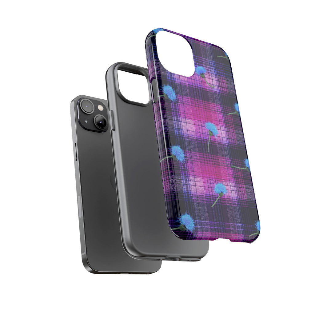Purple Plaid Blue Thistle Tartan Phone Case — Floral Plaid Protective iPhone Cover