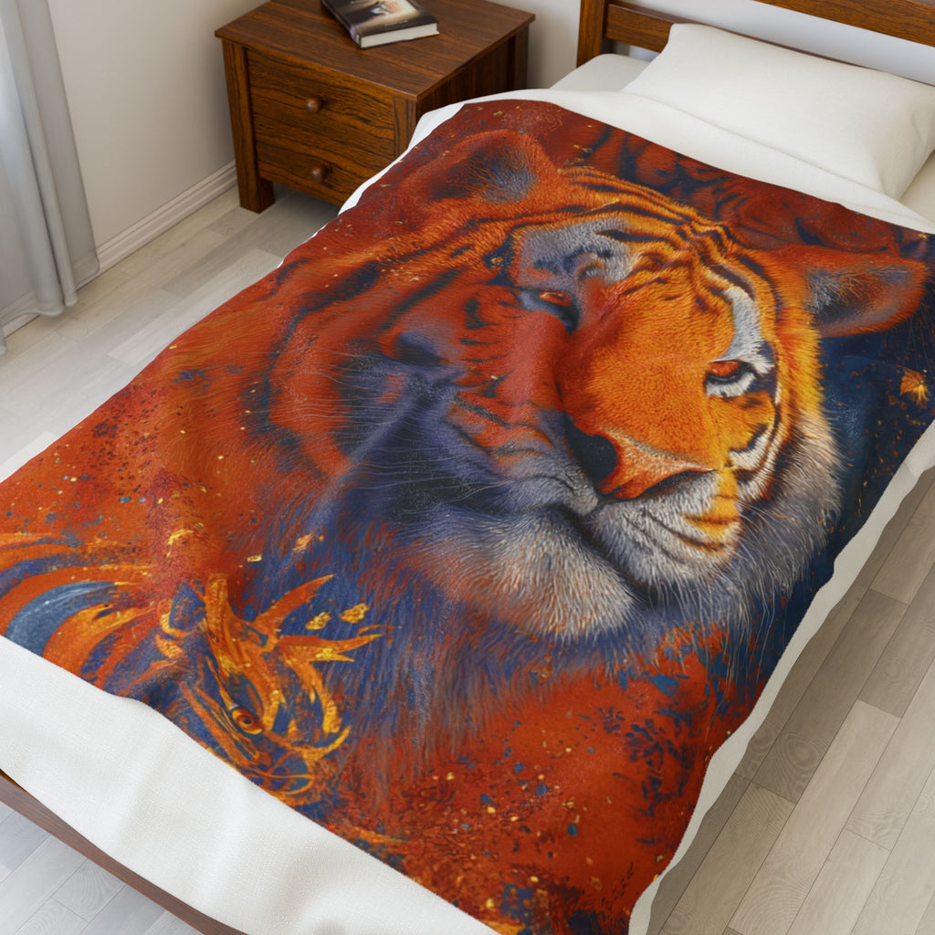 Tiger Portrait Velveteen Plush Blanket — Cozy Vibrant Wildlife Throw