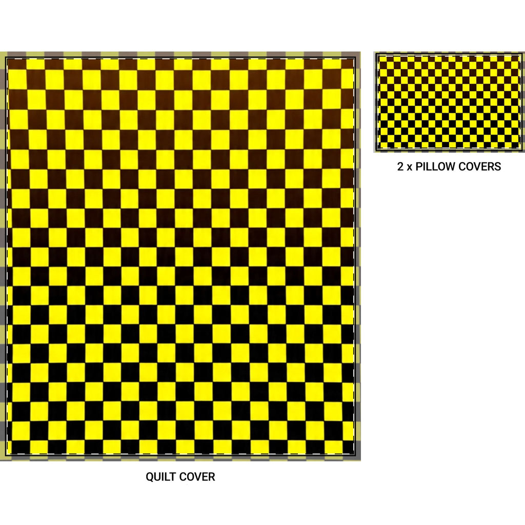 Yellow Black Checkerboard Quilt Cover Set — 3-Piece Duvet Cover & 2 Pillowcases