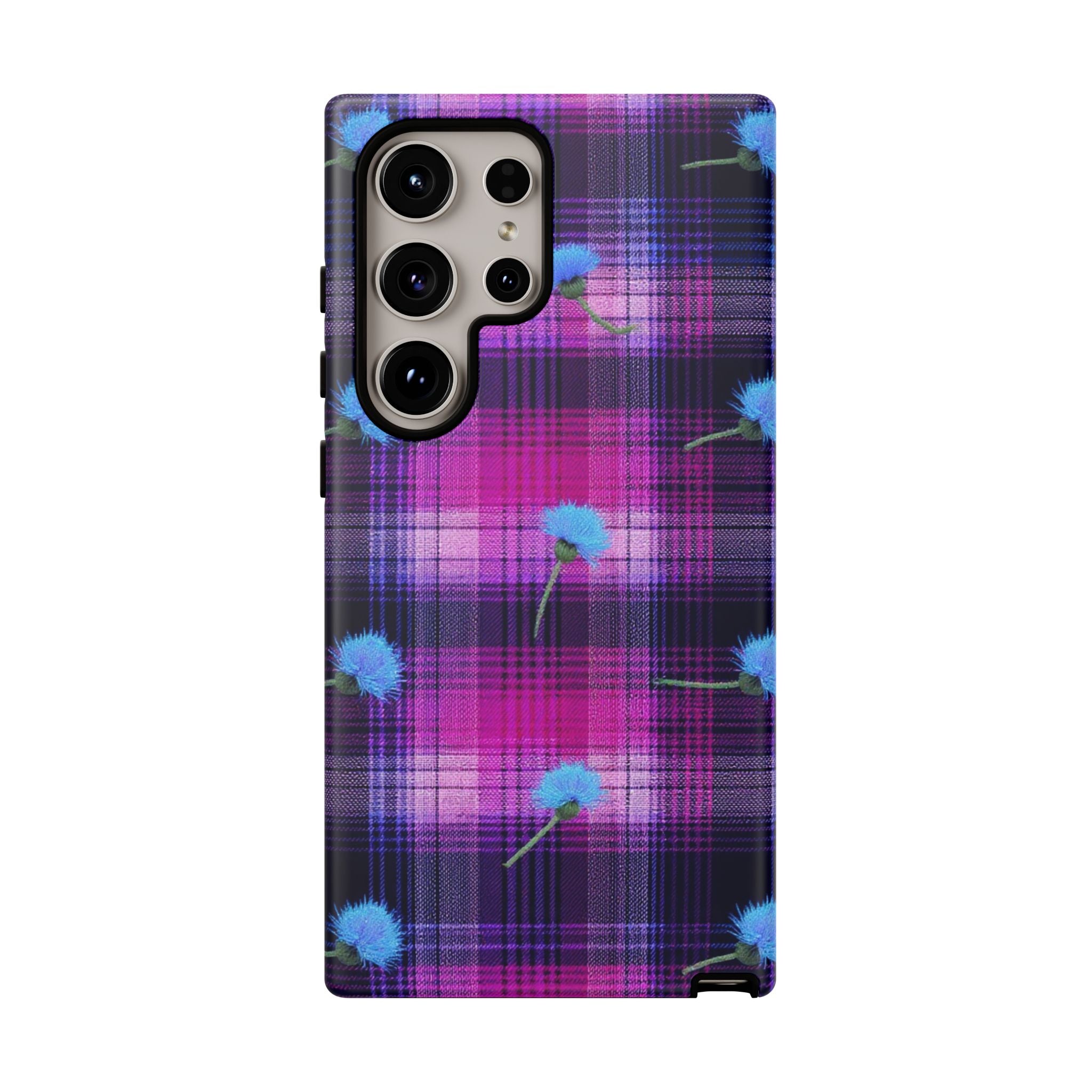 Purple Plaid Blue Thistle Tartan Phone Case — Floral Plaid Protective iPhone Cover