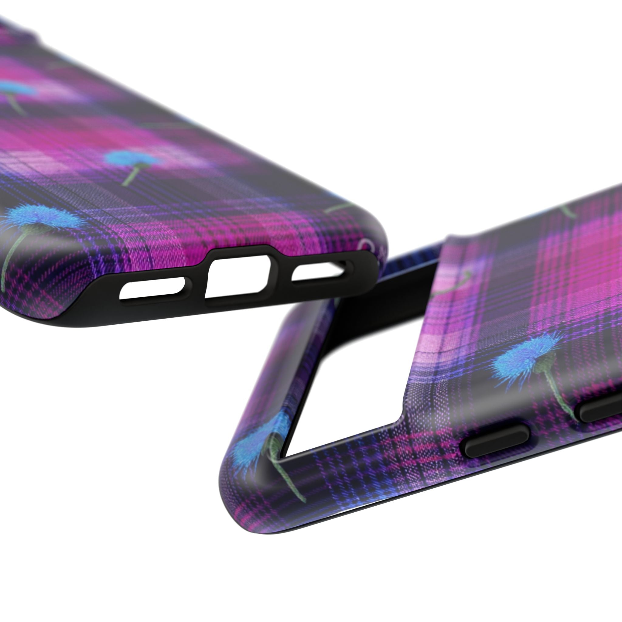 Purple Plaid Blue Thistle Tartan Phone Case — Floral Plaid Protective iPhone Cover