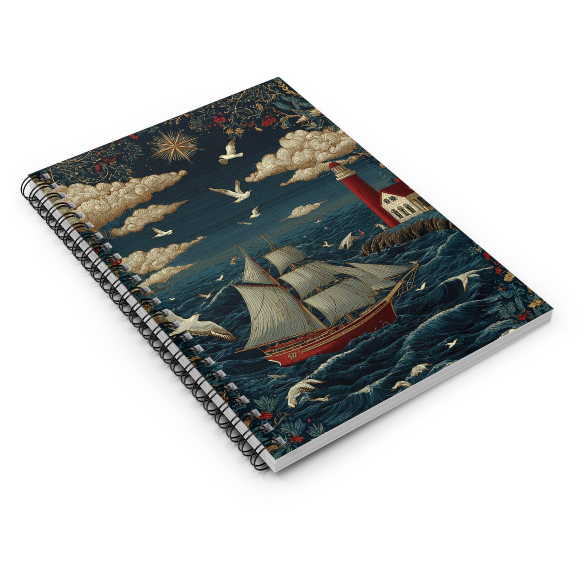 Nautical Lighthouse Spiral Notebook — Sailing Ship Journal, Seagulls & Star Cover