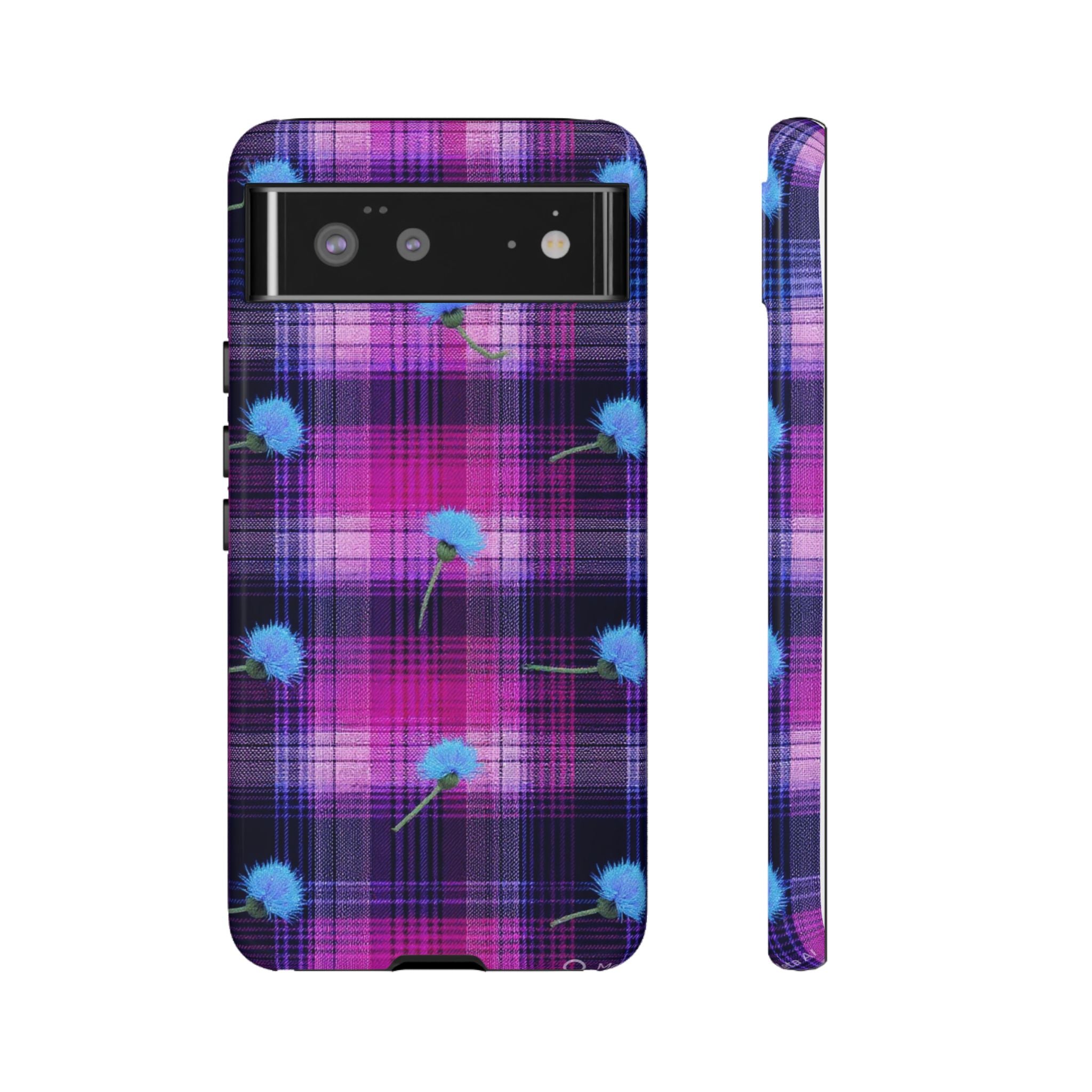Purple Plaid Blue Thistle Tartan Phone Case — Floral Plaid Protective iPhone Cover