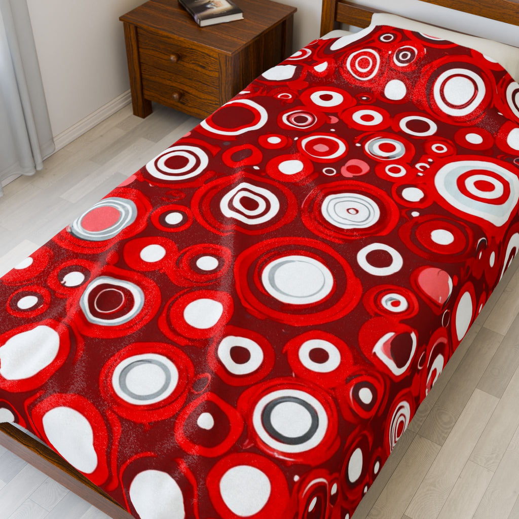 Red Retro Circles Velveteen Plush Blanket — Cozy Mid-Century Modern Throw