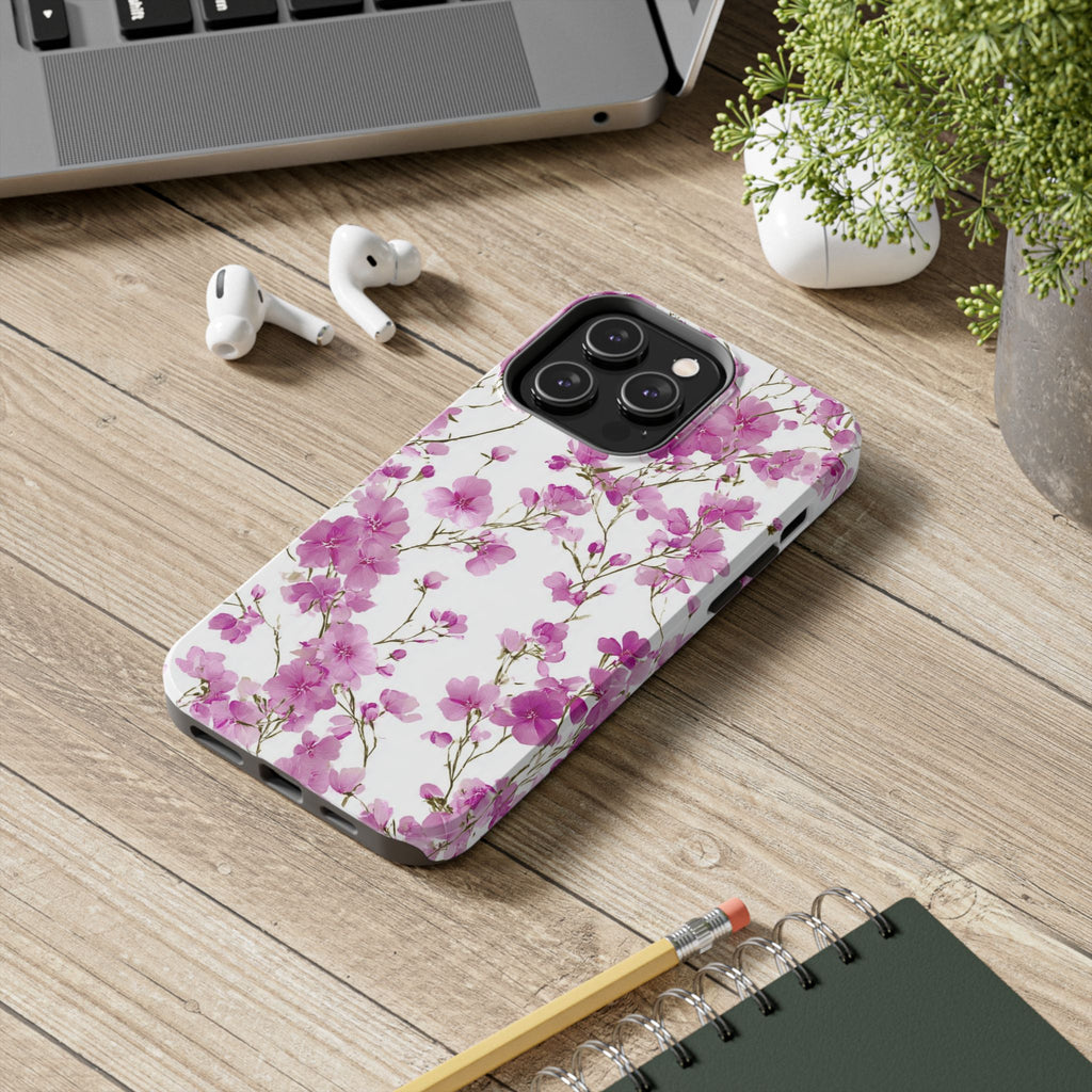 Floral Pink Blossoms Tough Phone Case — Durable Protective Phone Cover with Watercolor Cherry Blossom Design