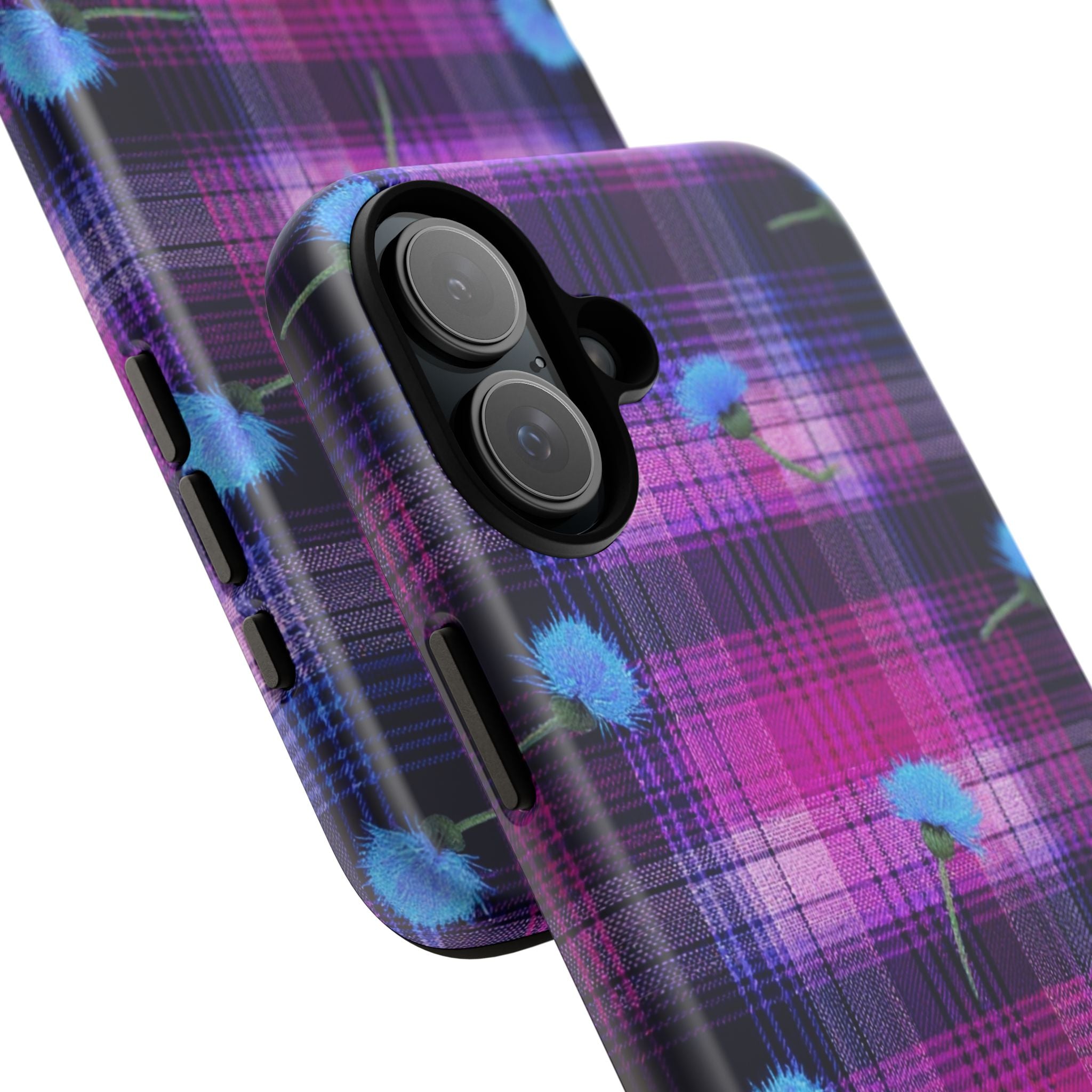 Purple Plaid Blue Thistle Tartan Phone Case — Floral Plaid Protective iPhone Cover