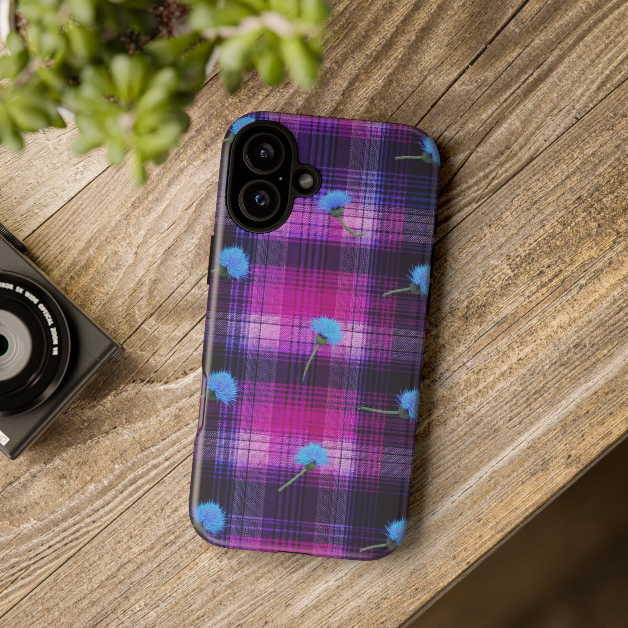 Purple Plaid Blue Thistle Tartan Phone Case — Floral Plaid Protective iPhone Cover