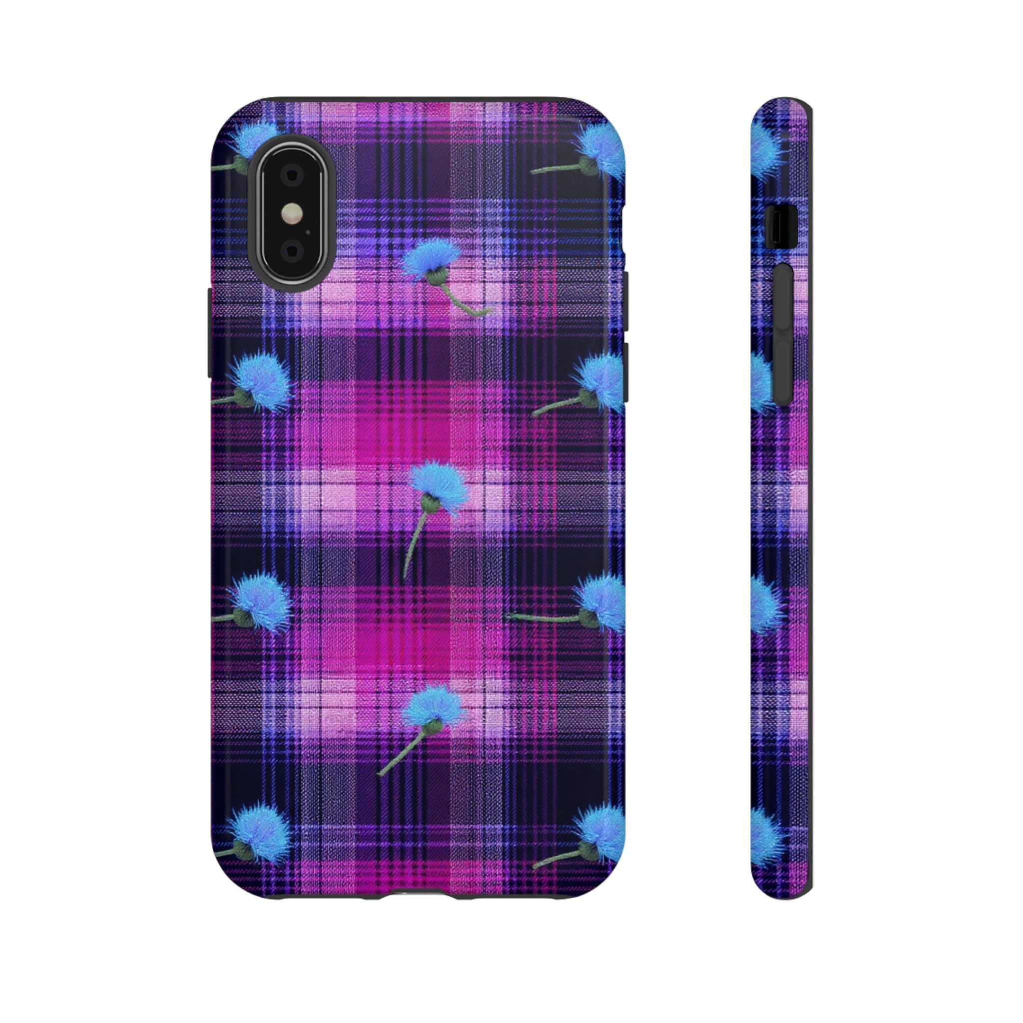 Purple Plaid Blue Thistle Tartan Phone Case — Floral Plaid Protective iPhone Cover