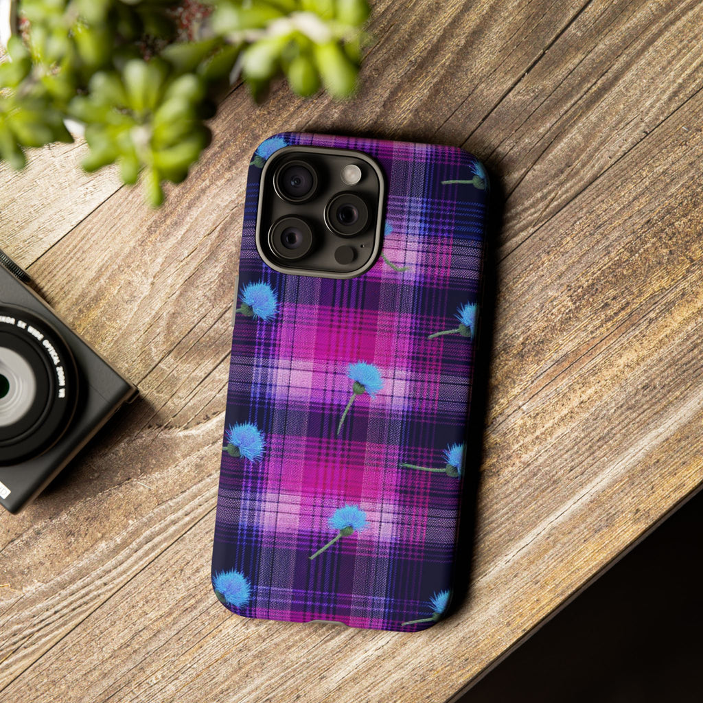 Purple Plaid Blue Thistle Tartan Phone Case — Floral Plaid Protective iPhone Cover