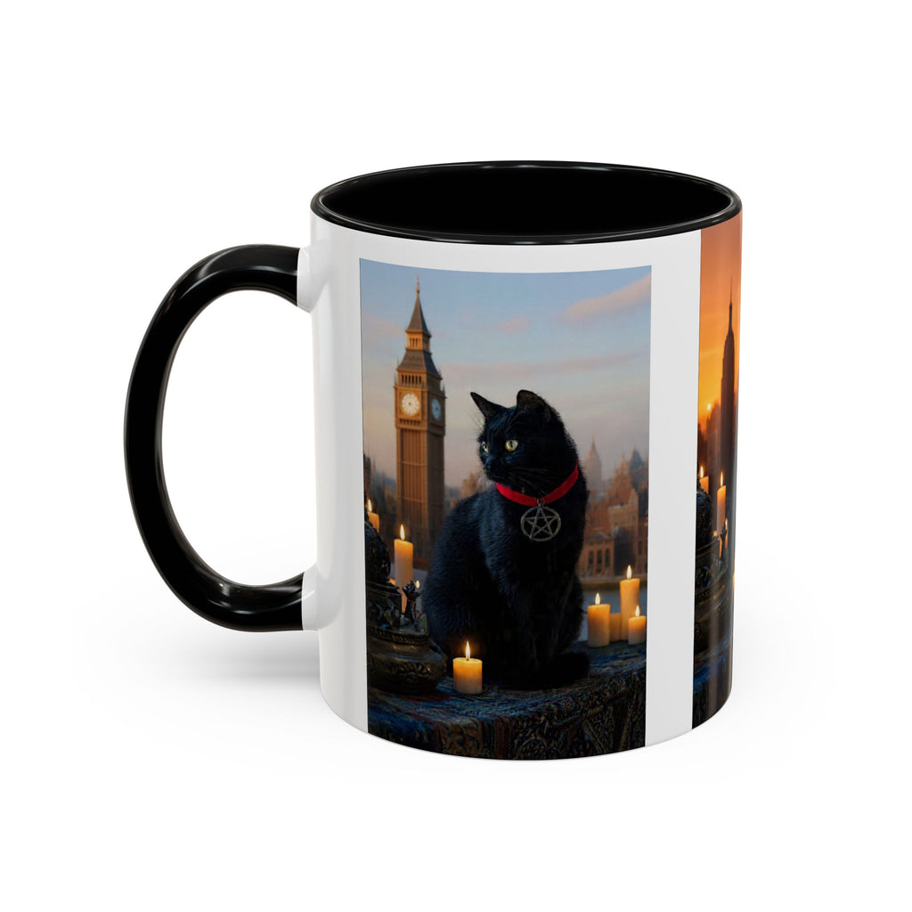 Black Cat Altar Coffee Mug — Gothic Cat with Pentagram, Candlelit Sunset Scene (11/15oz)