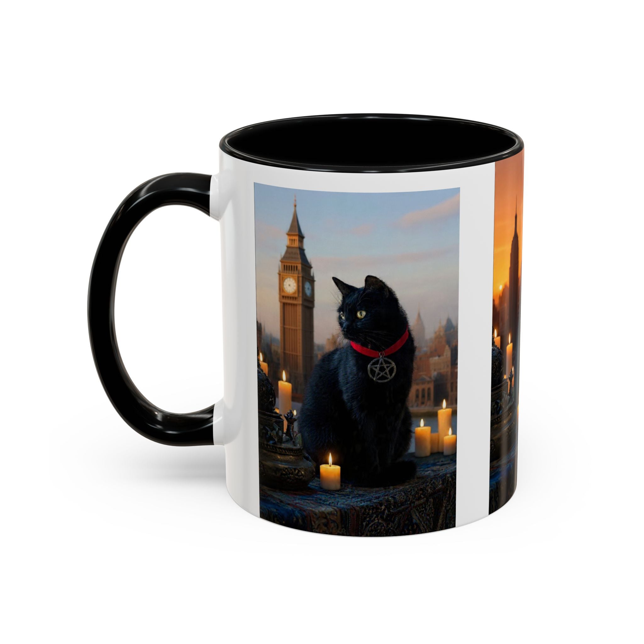 Black Cat Altar Coffee Mug — Gothic Cat with Pentagram, Candlelit Sunset Scene (11/15oz)