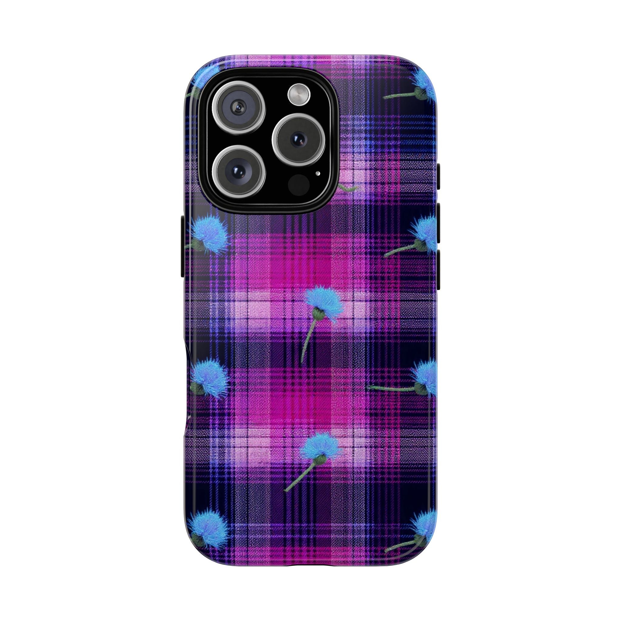 Purple Plaid Blue Thistle Tartan Phone Case — Floral Plaid Protective iPhone Cover