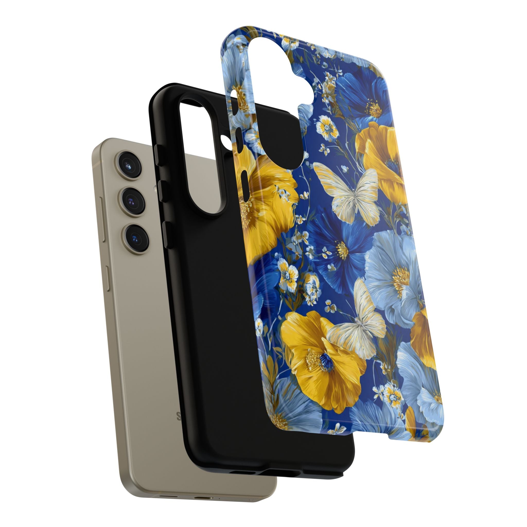 Floral Butterflies Phone Case — Blue & Yellow Tough Protective Cover
