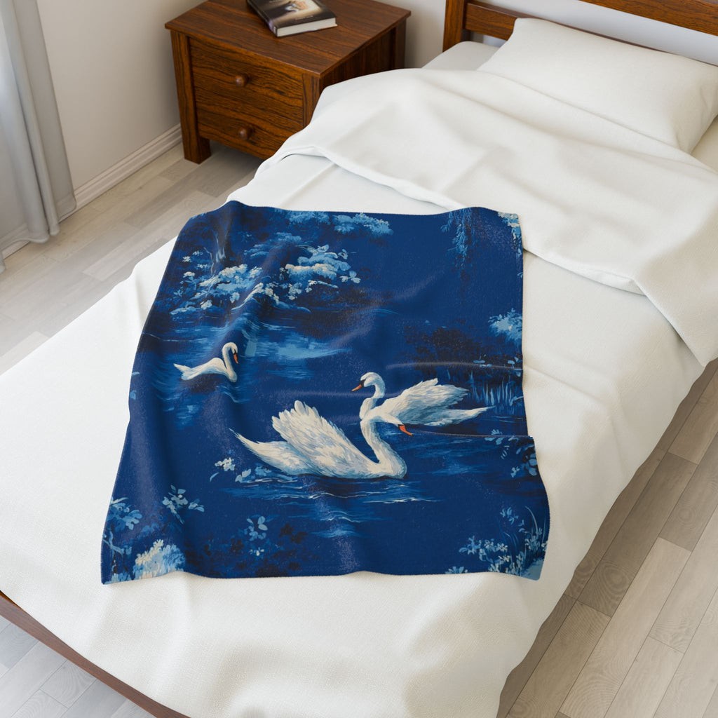 Swan Lake Velveteen Plush Blanket — Cozy Blue Swans Throw