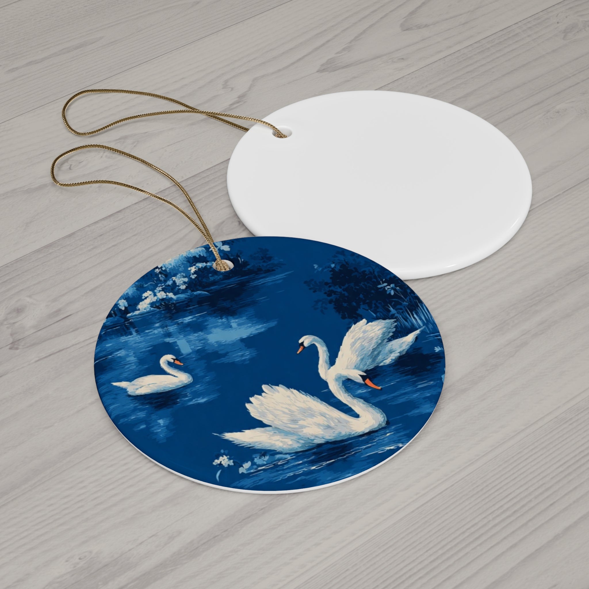 Swan Lake Ceramic Ornament — Round Holiday Tree Decoration