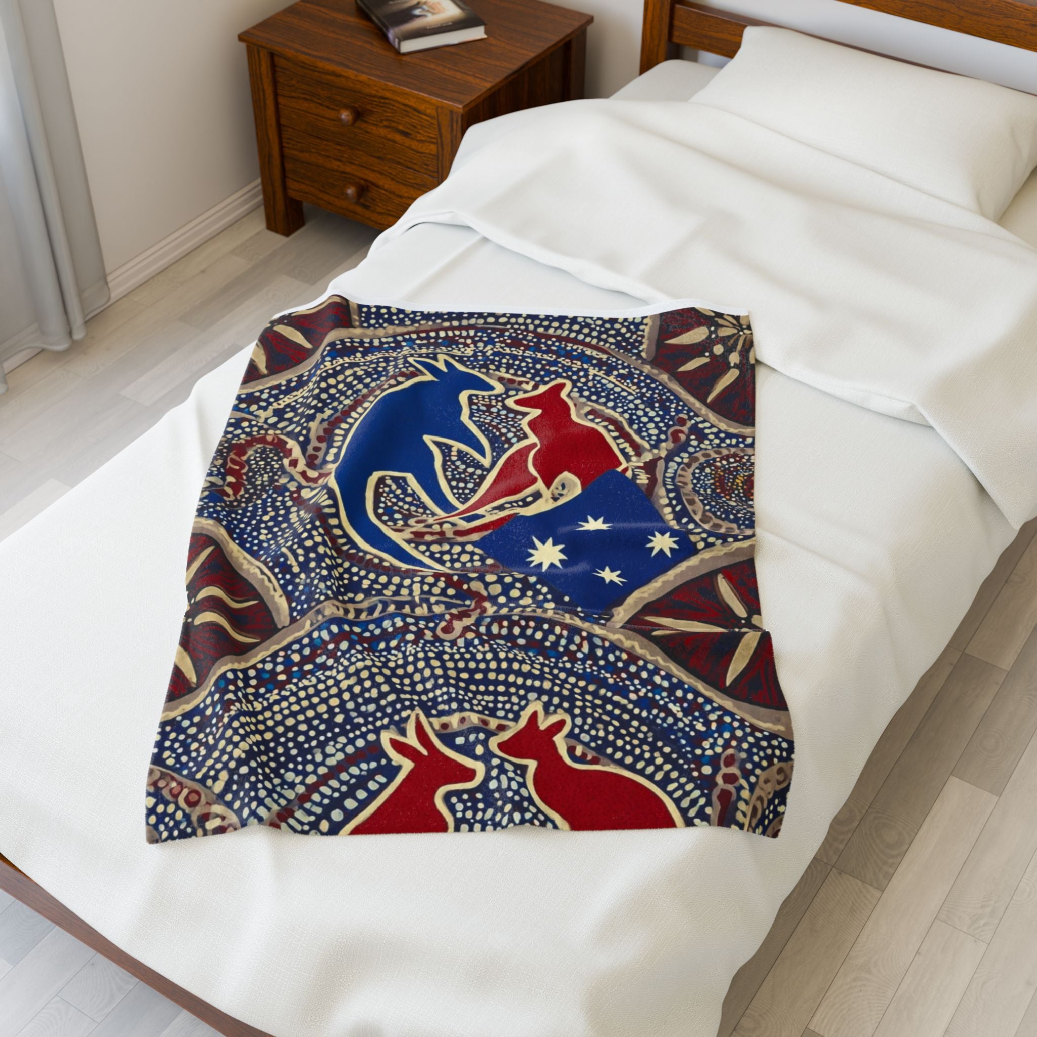 Australian Kangaroo Flag Velveteen Plush Blanket - Cozy Indigenous Dot Art Throw