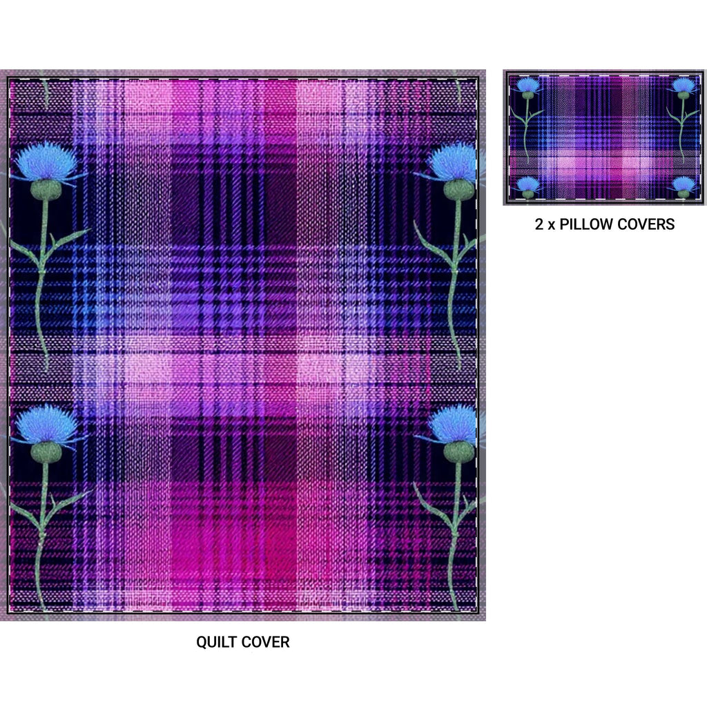 Purple Plaid Quilt Cover Set — 3-Piece Duvet & Pillow Covers (Floral Accent)