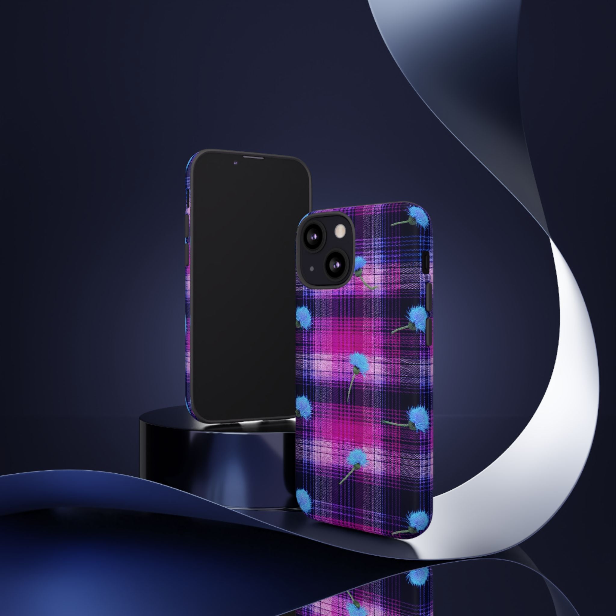 Purple Plaid Blue Thistle Tartan Phone Case — Floral Plaid Protective iPhone Cover