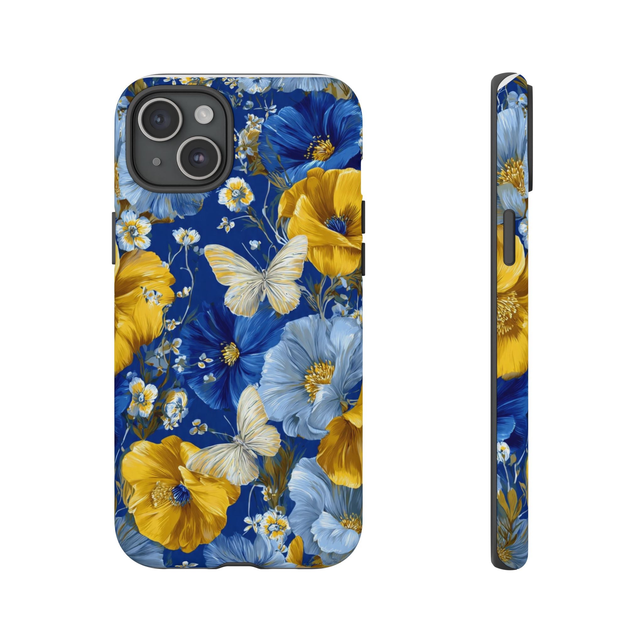 Floral Butterflies Phone Case — Blue & Yellow Tough Protective Cover