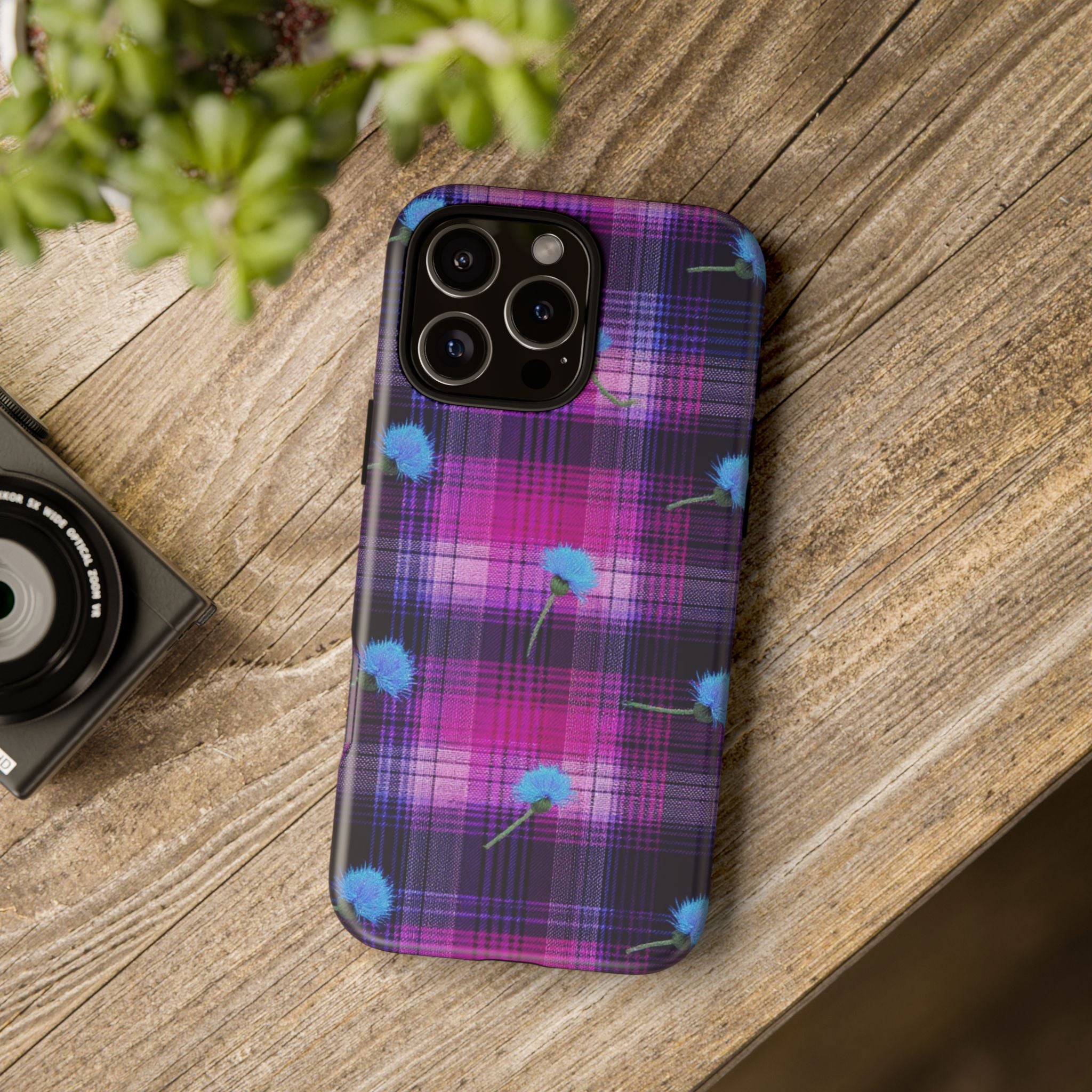 Purple Plaid Blue Thistle Tartan Phone Case — Floral Plaid Protective iPhone Cover