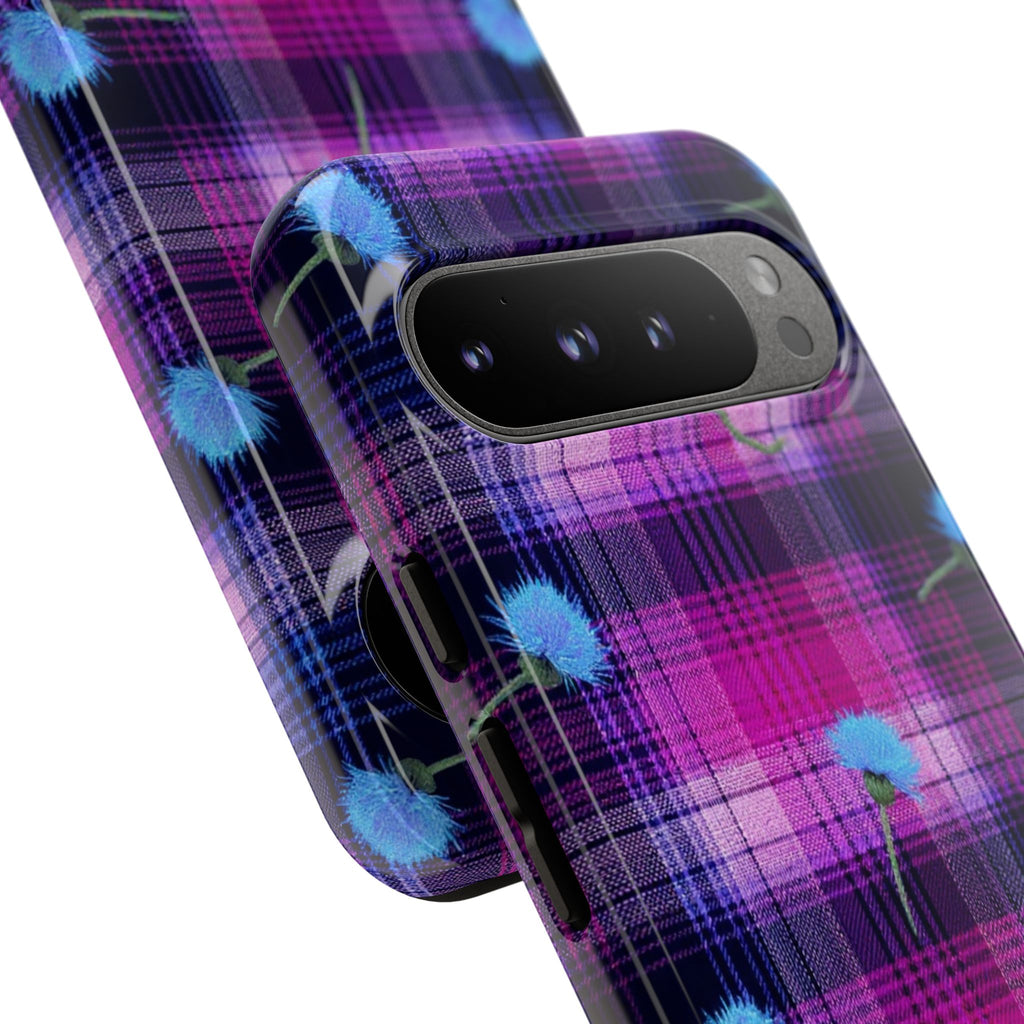 Purple Plaid Blue Thistle Tartan Phone Case — Floral Plaid Protective iPhone Cover