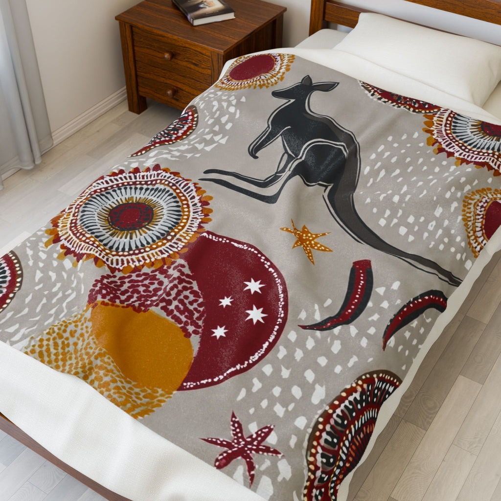 Kangaroo Dreamscape Velveteen Plush Blanket — Cozy Aboriginal Dot Art Throw