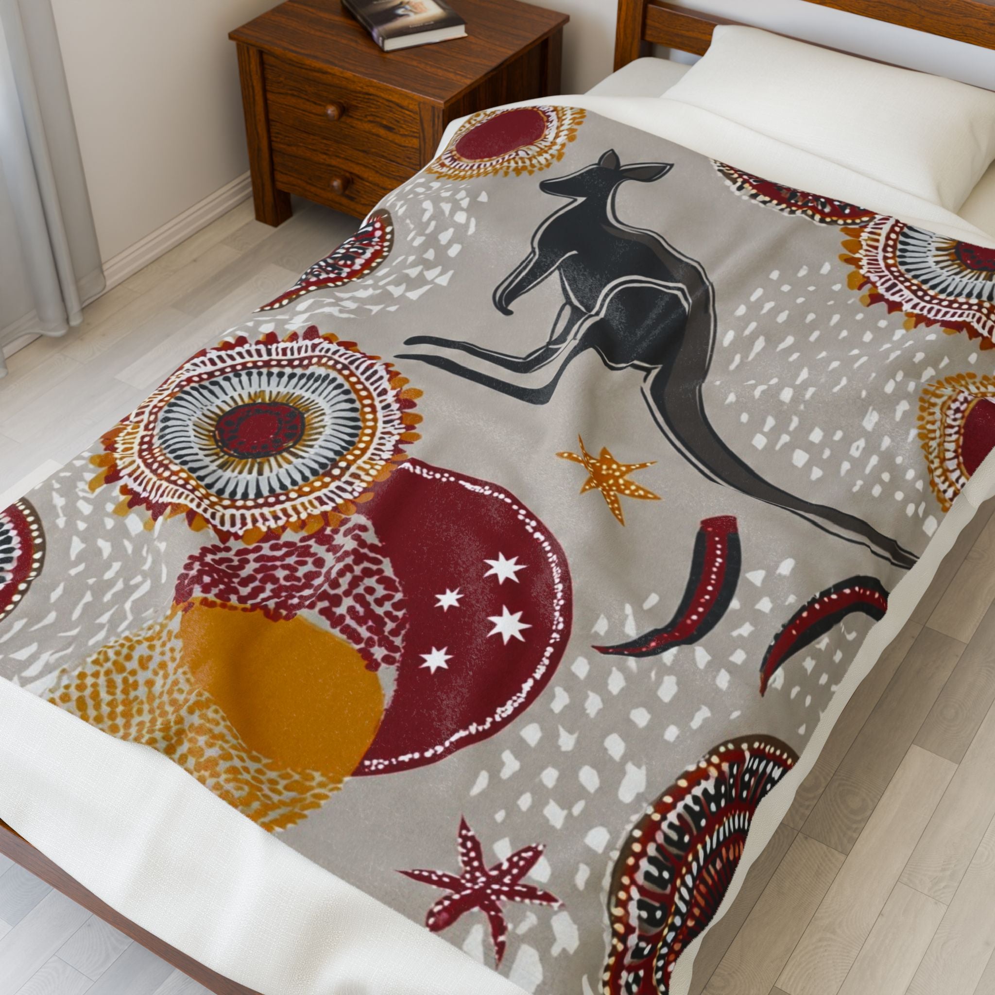 Kangaroo Dreamscape Velveteen Plush Blanket — Cozy Aboriginal Dot Art Throw