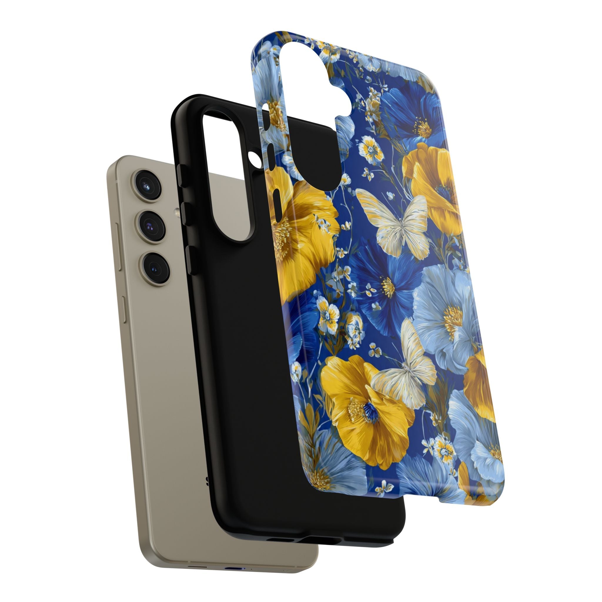 Floral Butterflies Phone Case — Blue & Yellow Tough Protective Cover