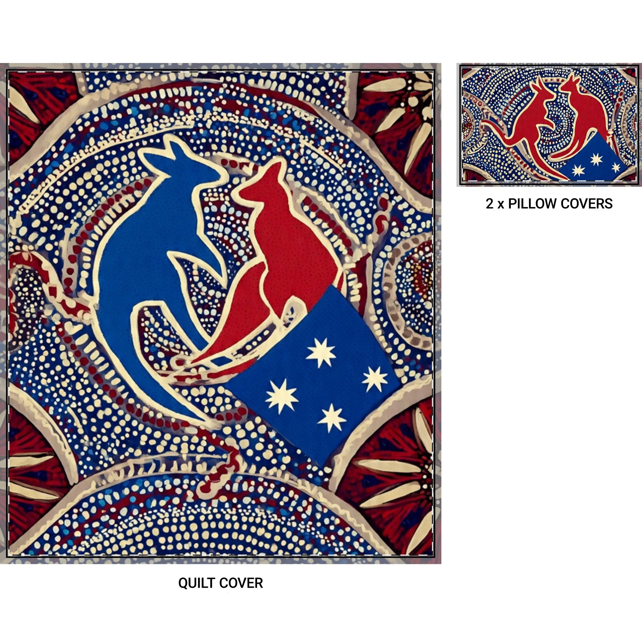 Kangaroo Australia Quilt Cover Set (3-Piece) — Indigenous Dot Art Design with Flag Motif