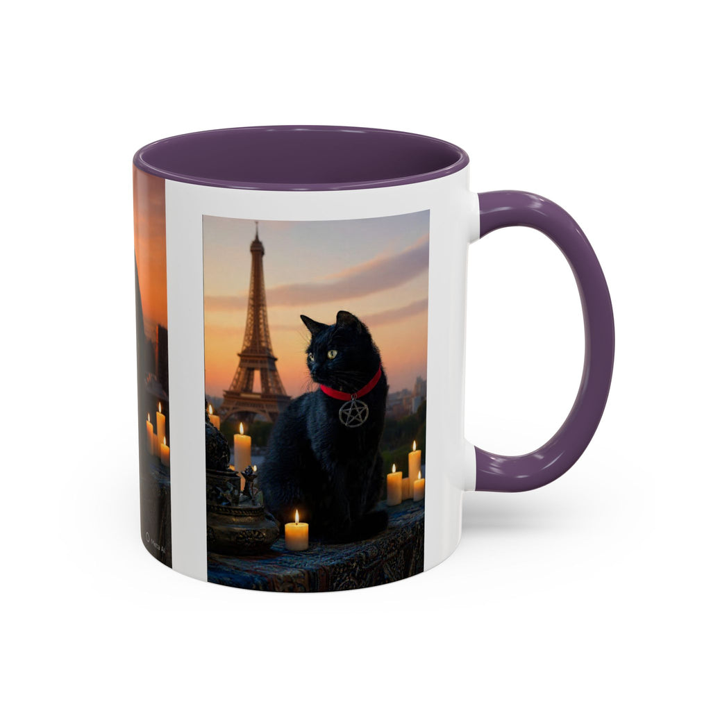 Black Cat Altar Coffee Mug — Gothic Cat with Pentagram, Candlelit Sunset Scene (11/15oz)